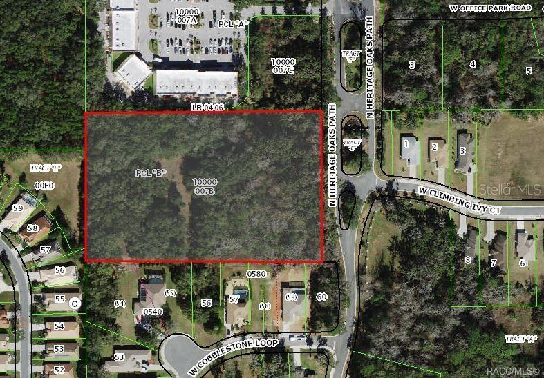 This is a map showing a rectangular parcel of land outlined in red near residential streets — 2364 N HERITAGE OAKS PATH, HERNANDO, FL