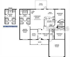 This is a floor plan for a single-story house featuring a garage, patio, and three bedrooms — 5759 CANTOR AVENUE, NORTH PORT, FL