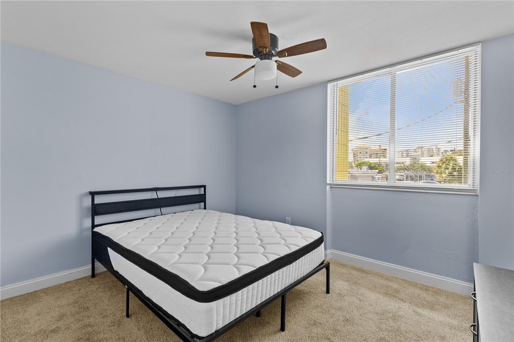 A bedroom features light blue walls, beige carpeting, a metal bed frame, and a ceiling fan — 1301 S HOWARD AVENUE UNIT B18, TAMPA, FL