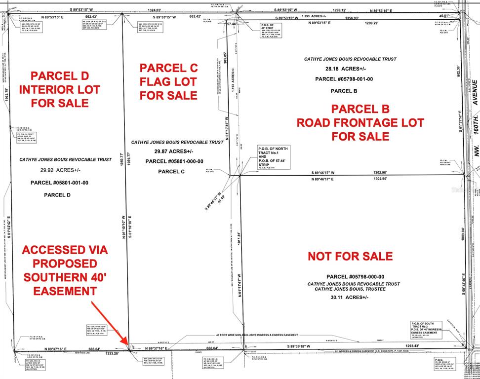 This is a land survey map showing the layout and dimensions of four parcels of land — Parcel B NW 160TH AVENUE, MORRISTON, FL