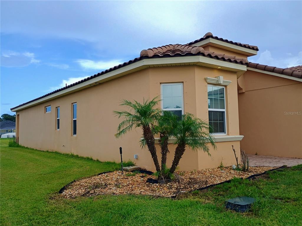 The exterior side of a tan stucco house features a small palm tree and windows — 4394 PRESERVATION CIRCLE, MELBOURNE, FL