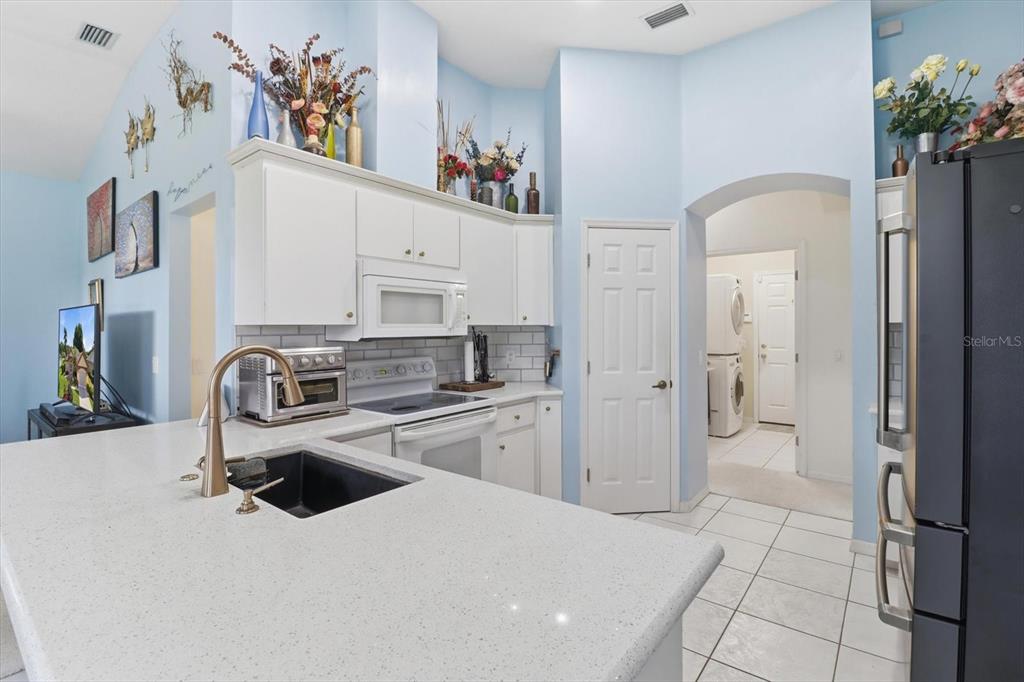A kitchen features white cabinets, a quartz island with a black sink, and light blue walls — 168 W ROMANY LOOP, BEVERLY HILLS, FL