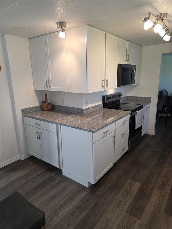 A kitchen features white cabinets, granite countertops, stainless steel appliances, and dark wood-look flooring — 102 BAREFOOT TRAIL, PORT ORANGE, FL