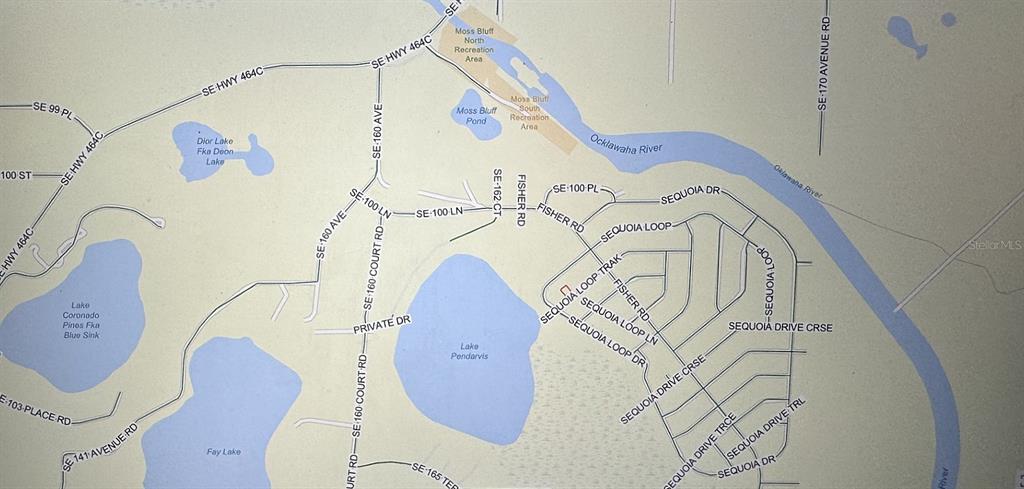 This is a map showing roads, lakes, and recreation areas near the Ocklawaha River — SEQUOIA LOOP TRACK, OCKLAWAHA, FL