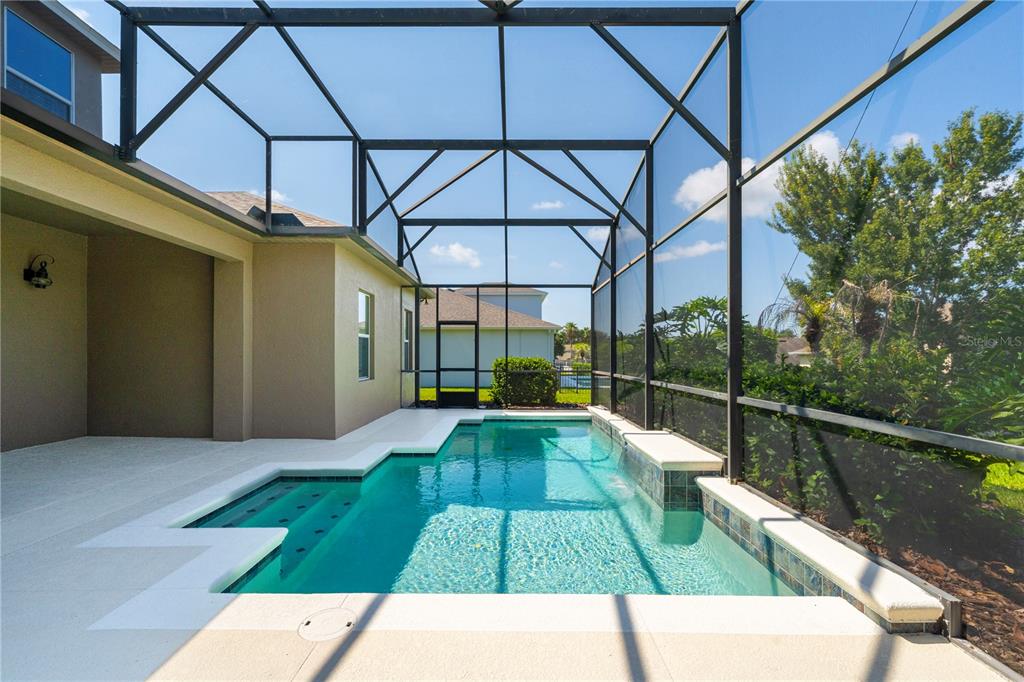 A rectangular swimming pool with a water feature is enclosed by a screened lanai — 2202 REDMARK LANE, WINTER GARDEN, FL