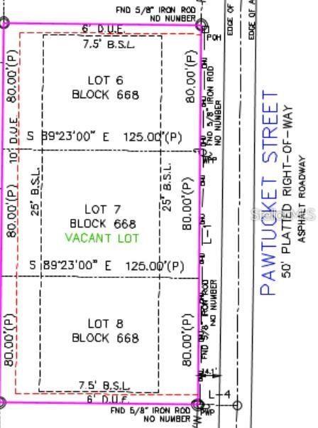 This is a survey map showing the property boundaries and easements for three adjacent lots — PAWTUCKET STREET, NORTH PORT, FL