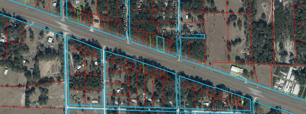 This aerial map shows residential lots and roads surrounding a highway — Lot 9 NE 27A HIGHWAY, WILLISTON, FL