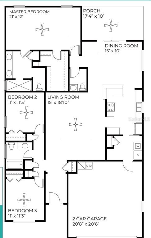 This floor plan shows a three-bedroom house with a two-car garage and a rear porch — 6737 SW 13TH LANE, GAINESVILLE, FL