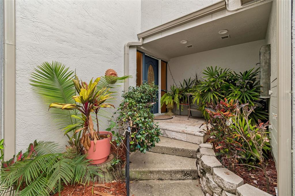 A concrete walkway leads to a covered entryway with potted plants and a blue door — 820 SYMPHONY ISLES BOULEVARD, APOLLO BEACH, FL