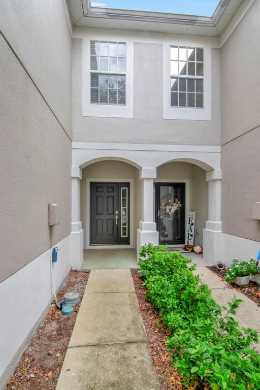 A concrete walkway leads to the front entrance of a two-story home with two doors — 10208 ESTERO BAY LANE, TAMPA, FL