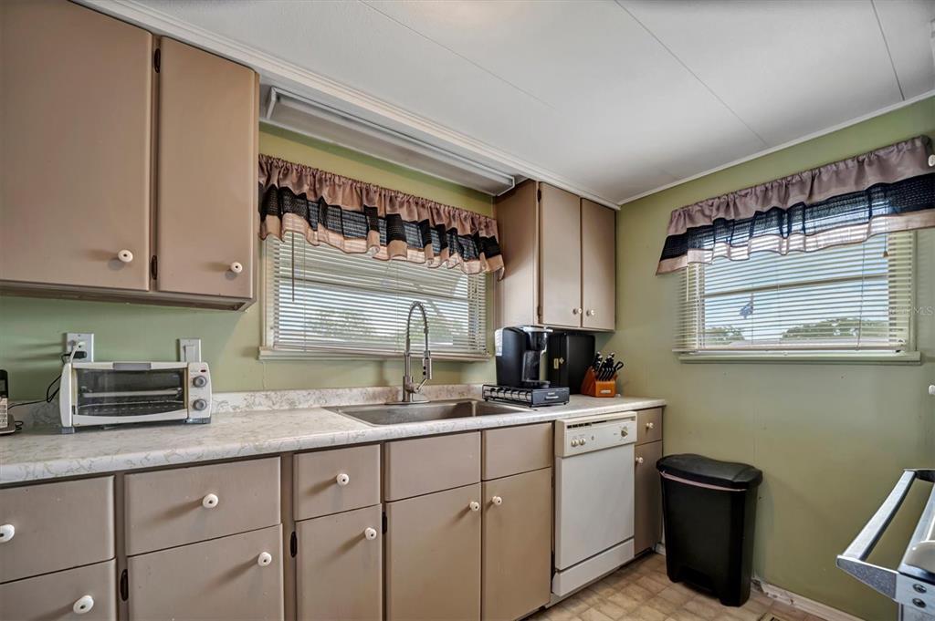 A kitchen features tan cabinets, a white dishwasher, a stainless steel sink, and two windows — 122 E SAINT ANNES CIRCLE, APOLLO BEACH, FL
