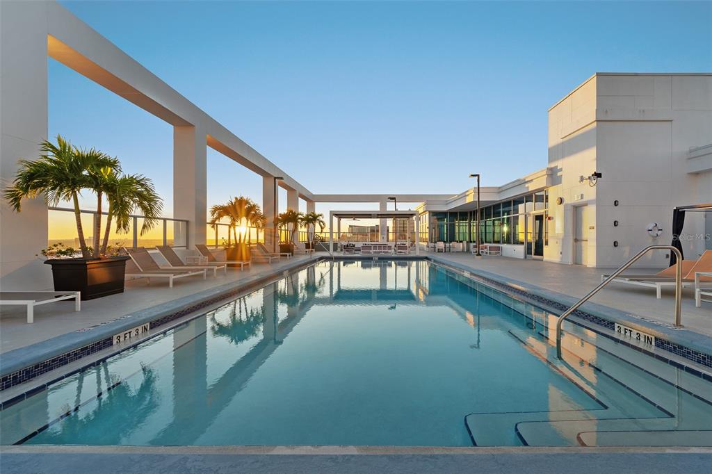 A rooftop swimming pool with lounge chairs and palm trees at sunset — 260 S OSCEOLA AVENUE UNIT 1203, ORLANDO, FL