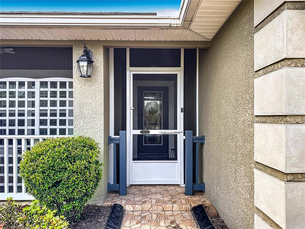 A front entrance features a white screen door, a tiled porch, and a decorative bush — 10821 STANDING STONE DRIVE, WIMAUMA, FL