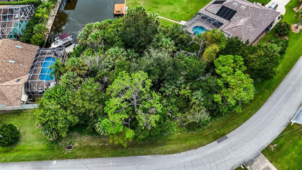 An aerial view shows a wooded vacant lot situated between two houses with swimming pools — 15 COVINGTON LANE, PALM COAST, FL
