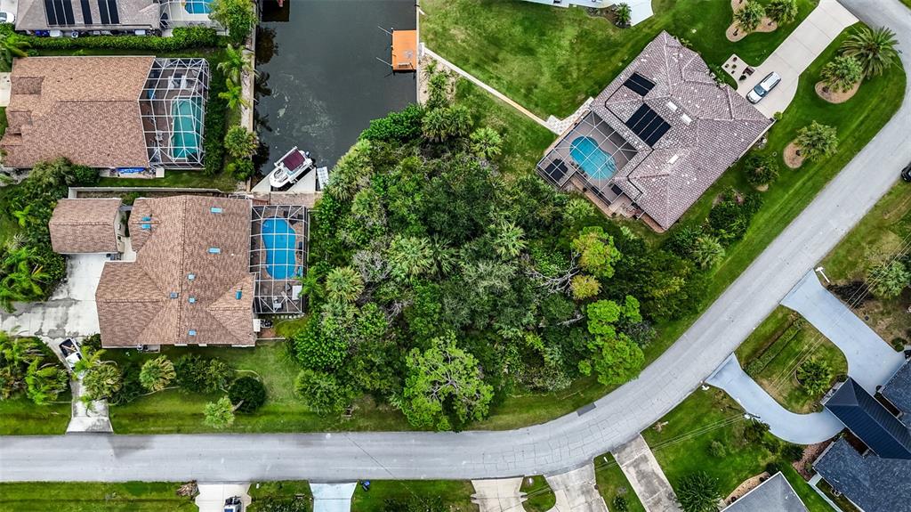 An aerial view shows two houses with swimming pools separated by a dense wooded lot — 15 COVINGTON LANE, PALM COAST, FL