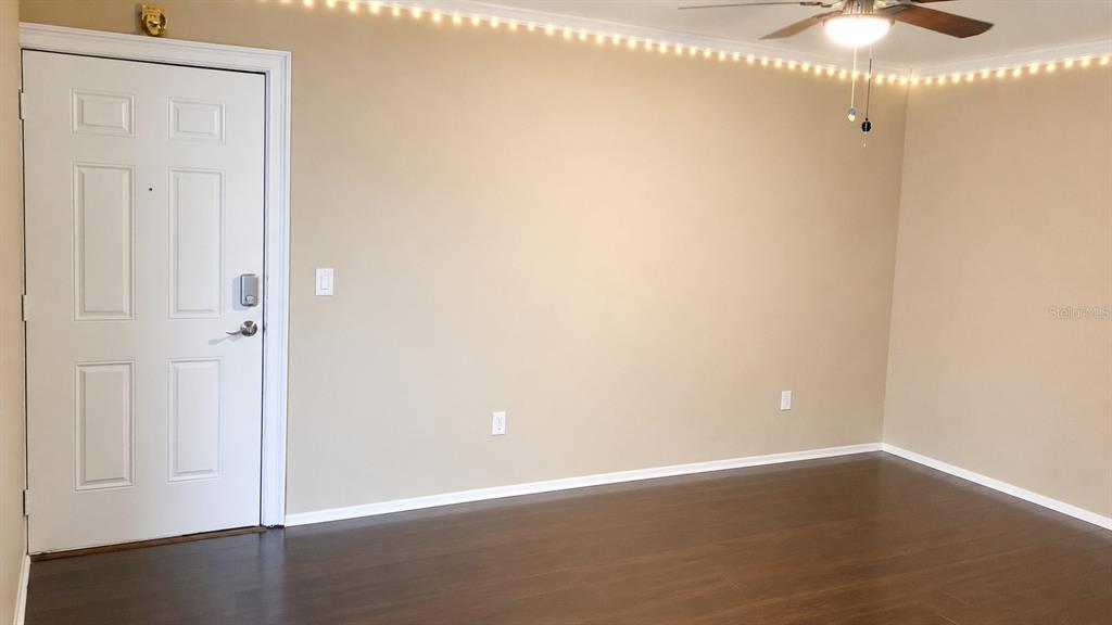 An empty room features beige walls, dark wood-look flooring, a white door, and ceiling lights — 4611 W NORTH B STREET UNIT 232, TAMPA, FL