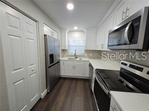 A galley-style kitchen features white cabinets, stainless steel appliances, and dark wood-look flooring — 5903 TOPHER TRAIL UNIT 5903, MULBERRY, FL