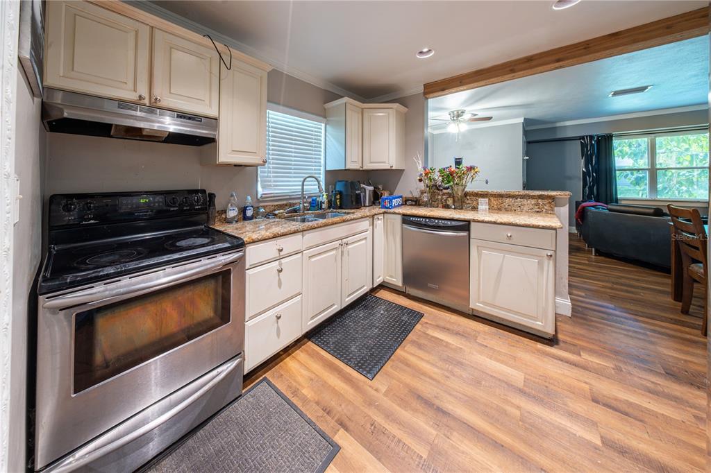 A kitchen features stainless steel appliances, light-colored cabinets, granite countertops, and wood-look flooring — 304 E HYDRANGIA STREET, TAMPA, FL