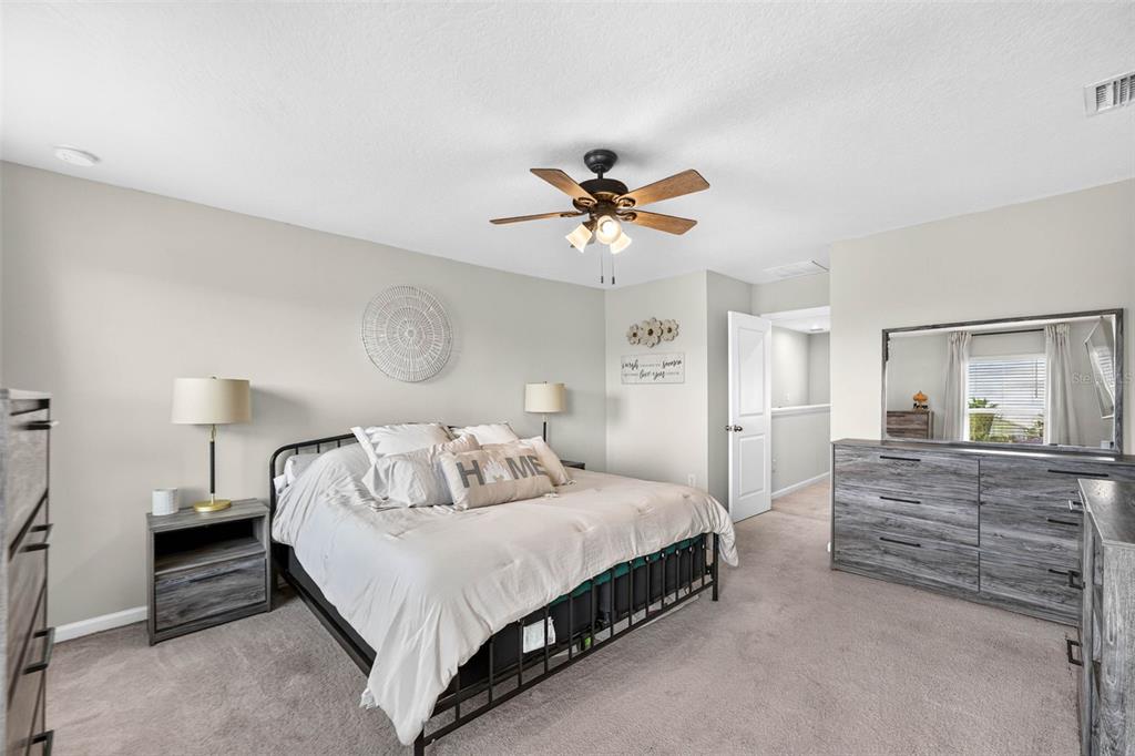 A bedroom features a metal bed frame, gray wood-look furniture, and a ceiling fan — 11618 GOLD DUST COURT, RIVERVIEW, FL