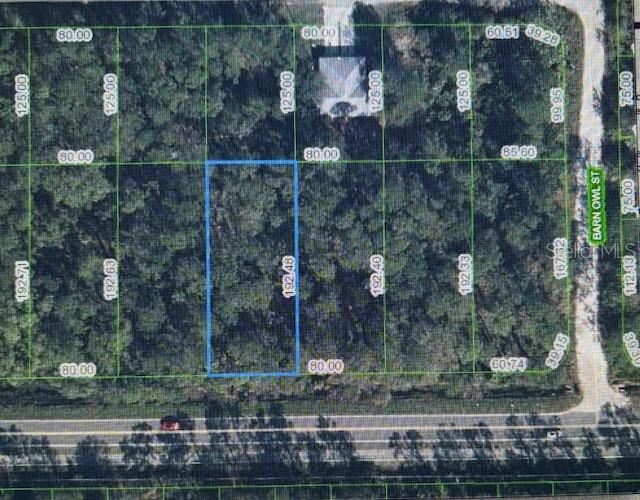 An aerial map shows a rectangular vacant lot highlighted in blue among wooded residential parcels — 2600 HAMMOCK ROAD, SEBRING, FL