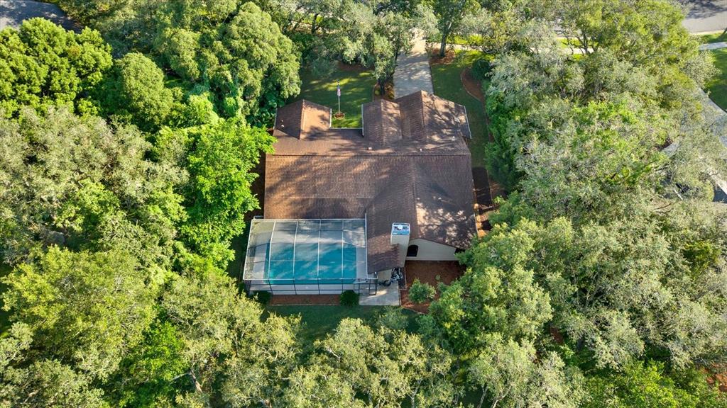 An aerial view shows a house with a screened-in pool surrounded by dense trees — 18671 AUTUMN LAKE AVENUE, HUDSON, FL