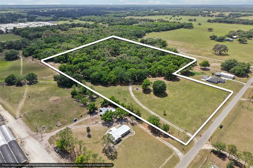 An aerial view shows a large, partially wooded plot of land outlined in white — 2685 CR 564, BUSHNELL, FL