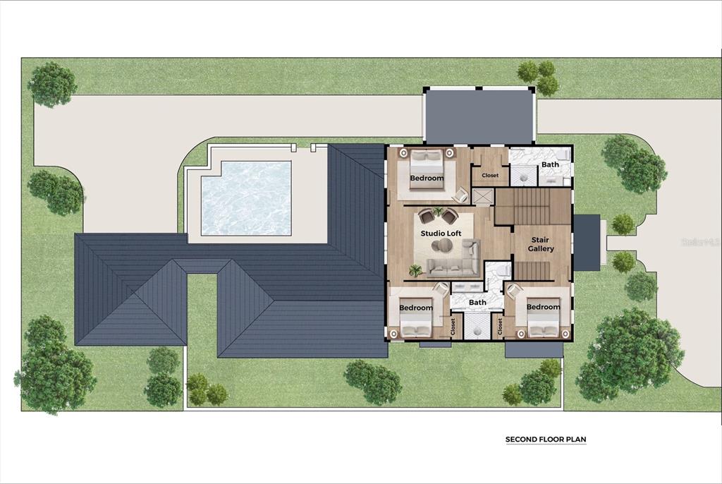 This is a second-floor plan rendering showing three bedrooms, a studio loft, and a bathroom — 207 E KINGS WAY, WINTER PARK, FL