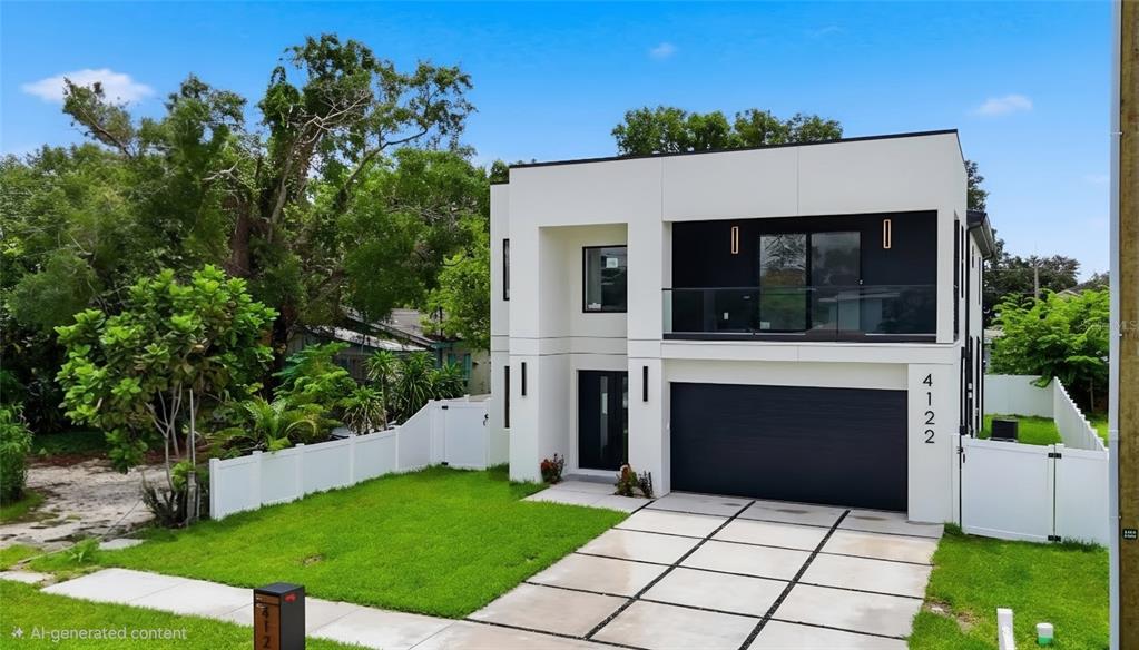 This AI-generated image shows a modern two-story house with a white exterior and black accents — 4122 W NASSAU STREET, TAMPA, FL