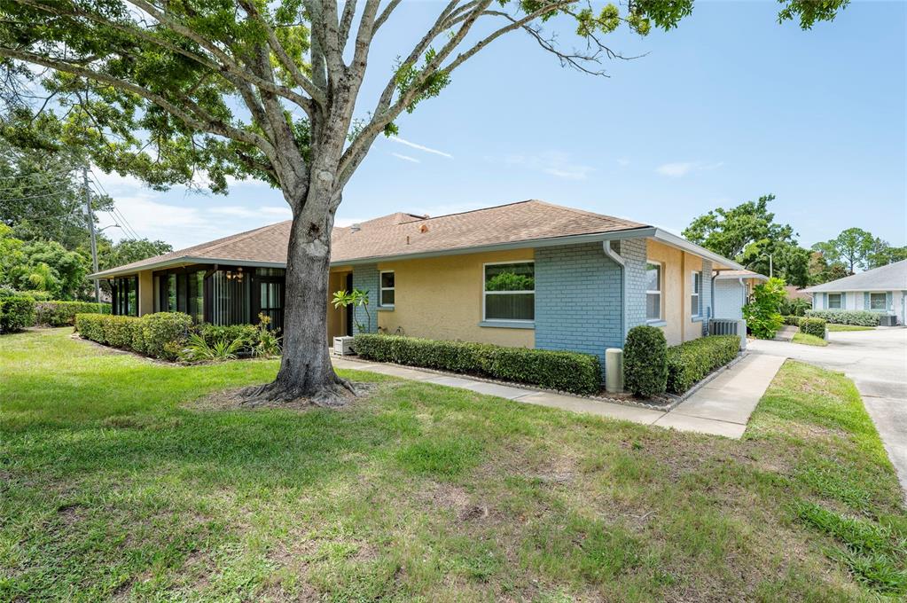 A single-story house with yellow stucco and blue brick siding features a large shade tree — 1245 SUTHERLAND COURT UNIT 1452, DUNEDIN, FL