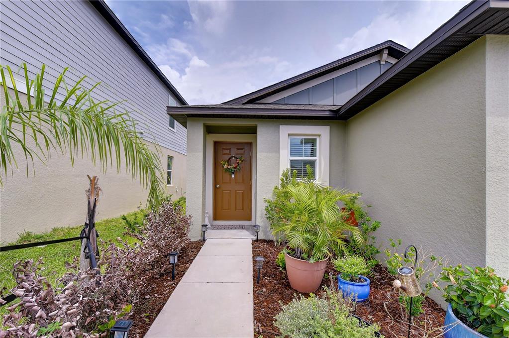 A concrete walkway leads to the brown front door of a single-story house — 35099 ACKLEY TRACE, ZEPHYRHILLS, FL