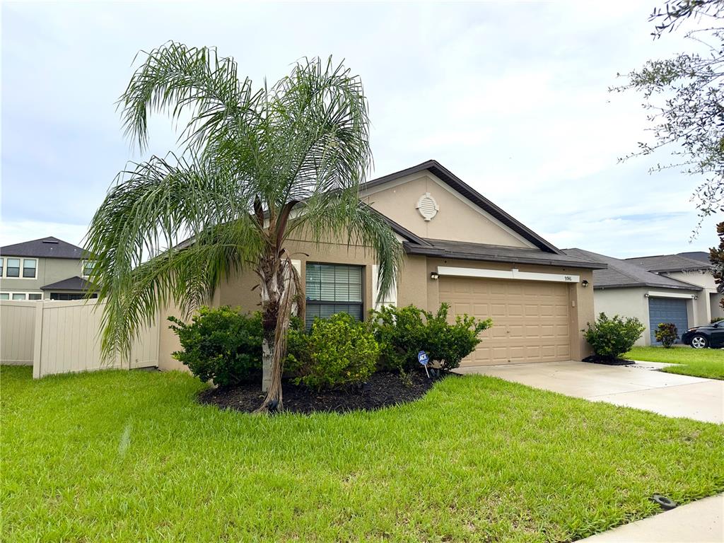 A single-story house with a tan exterior, a palm tree, and a two-car garage — 9746 SAGE CREEK DRIVE, RUSKIN, FL