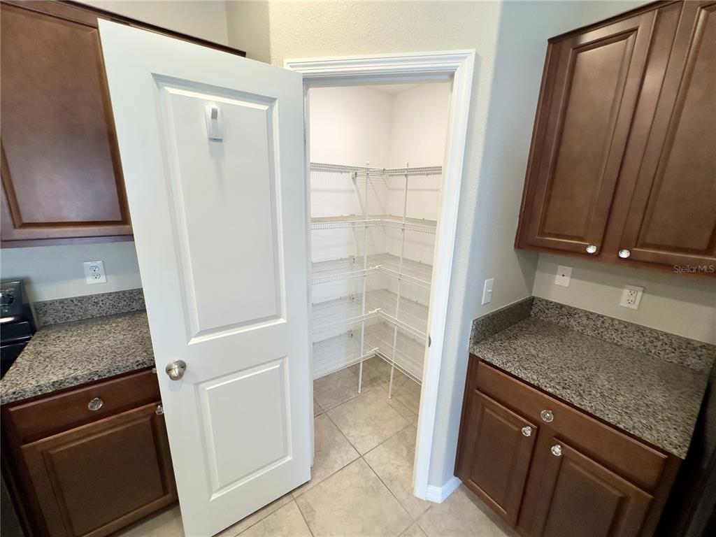 A kitchen pantry with wire shelving sits between two sets of dark wood cabinets — 9746 SAGE CREEK DRIVE, RUSKIN, FL