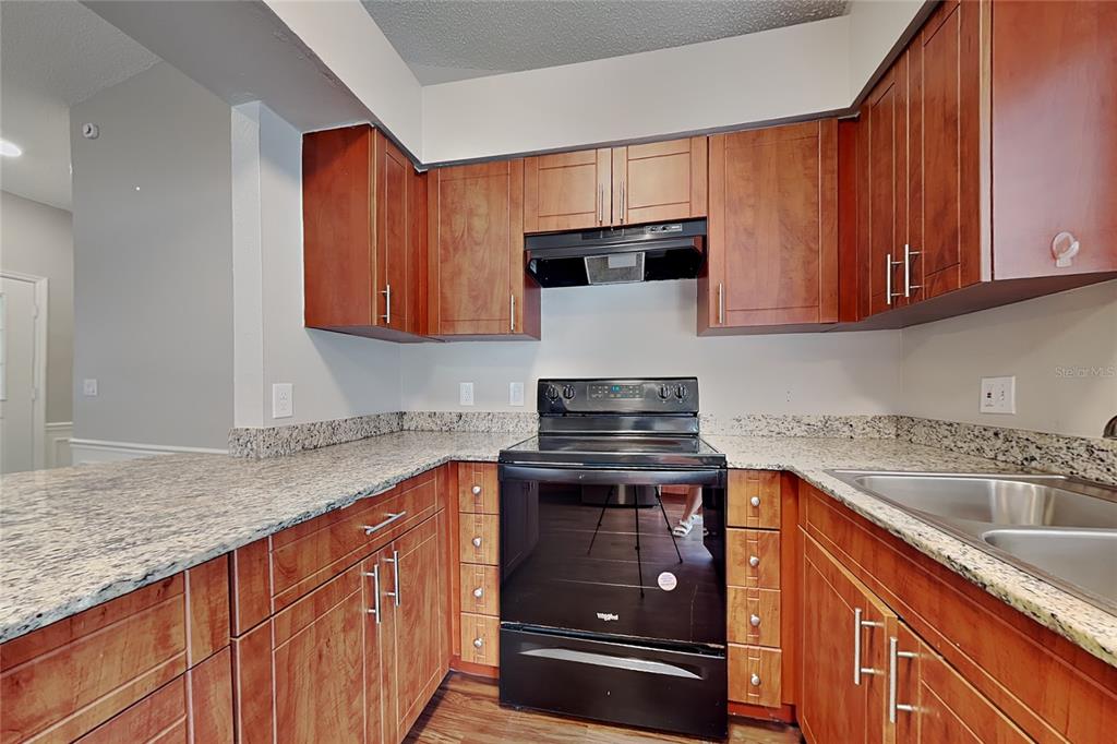 A kitchen features wood cabinets, granite countertops, and black appliances — 4514 CABBAGE PALM DRIVE, VALRICO, FL