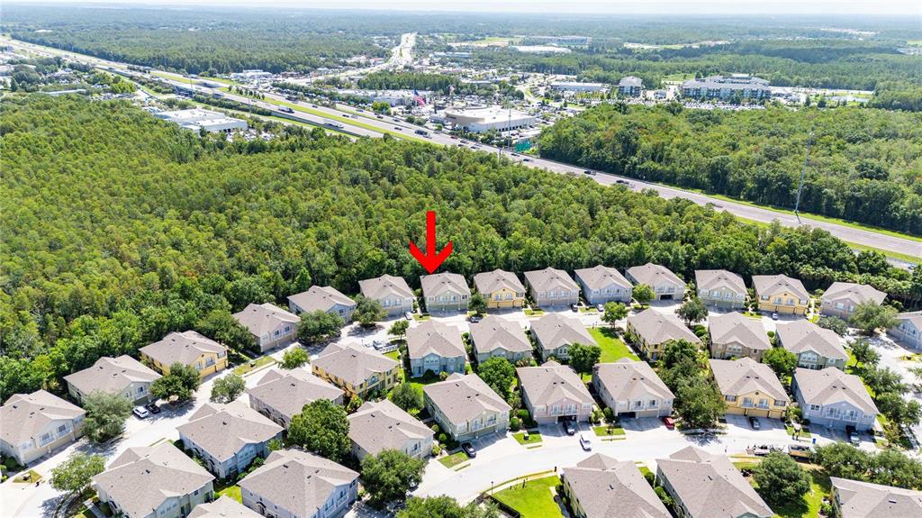 An aerial view shows a residential neighborhood of multi-story townhomes bordered by a dense forest — 27627 PLEASURE RIDE LOOP, WESLEY CHAPEL, FL
