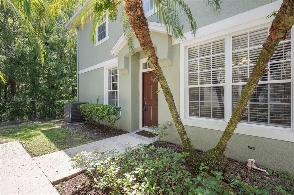 The exterior of a two-story house features a brown front door and palm trees — 27627 PLEASURE RIDE LOOP, WESLEY CHAPEL, FL
