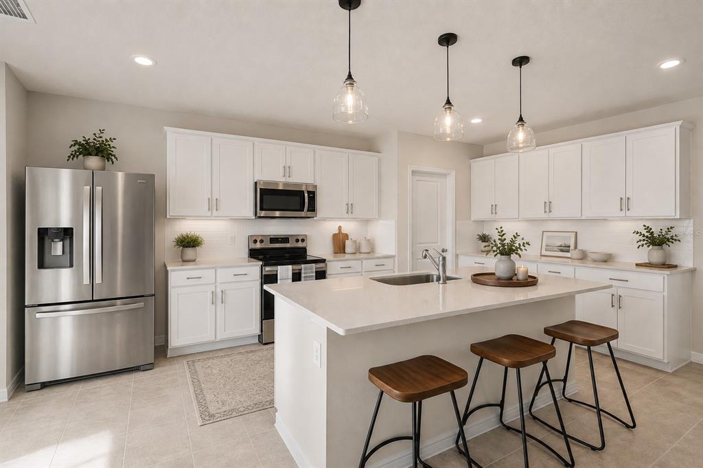 A modern kitchen features white cabinetry, stainless steel appliances, a quartz island, and three barstools — 10876 WATERWOOD ALLEY, ORLANDO, FL