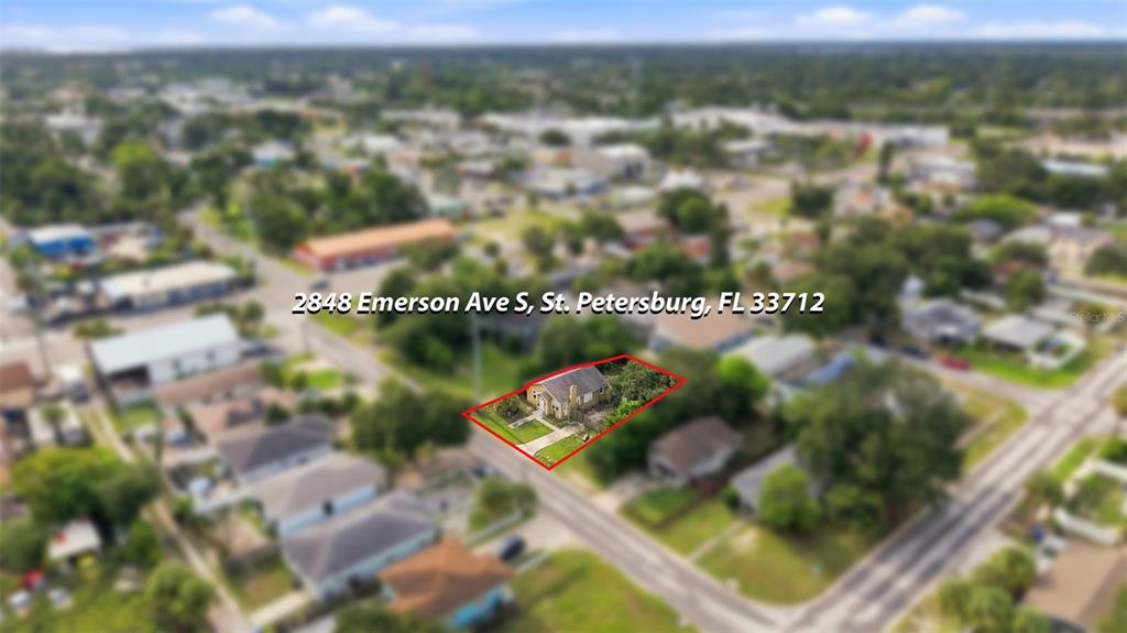 An aerial view shows a single-story house outlined in red within a residential neighborhood — 2848 EMERSON AVENUE S, ST PETERSBURG, FL