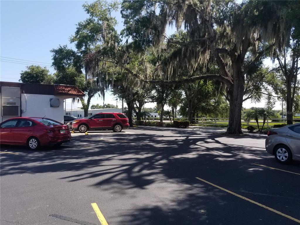 A parking lot with several parked cars sits in front of large, moss-covered oak trees — 2050 HAVENDALE BOULEVARD NW UNIT B, WINTER HAVEN, FL