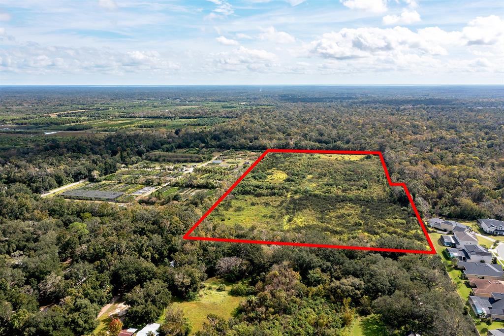 An aerial view shows a large, undeveloped rectangular plot of land outlined in red — SMARTS PLACE, OVIEDO, FL