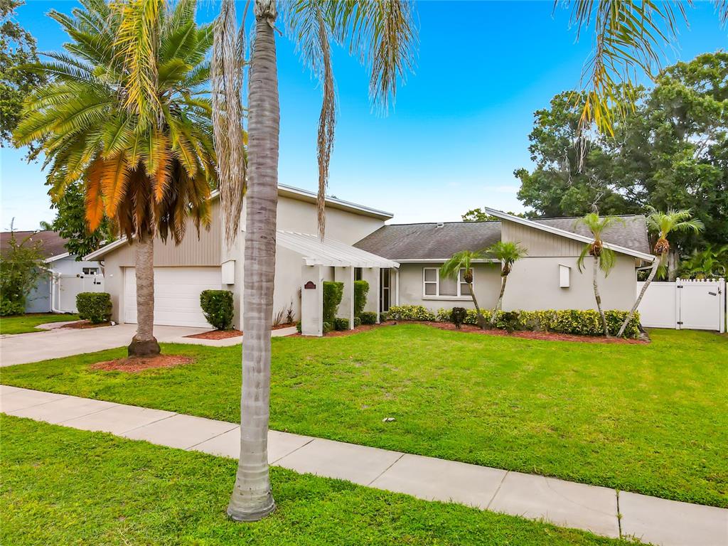 A single-story house with a white garage, a palm tree, and a green front lawn — 1855 DEL ROBLES TERRACE, CLEARWATER, FL