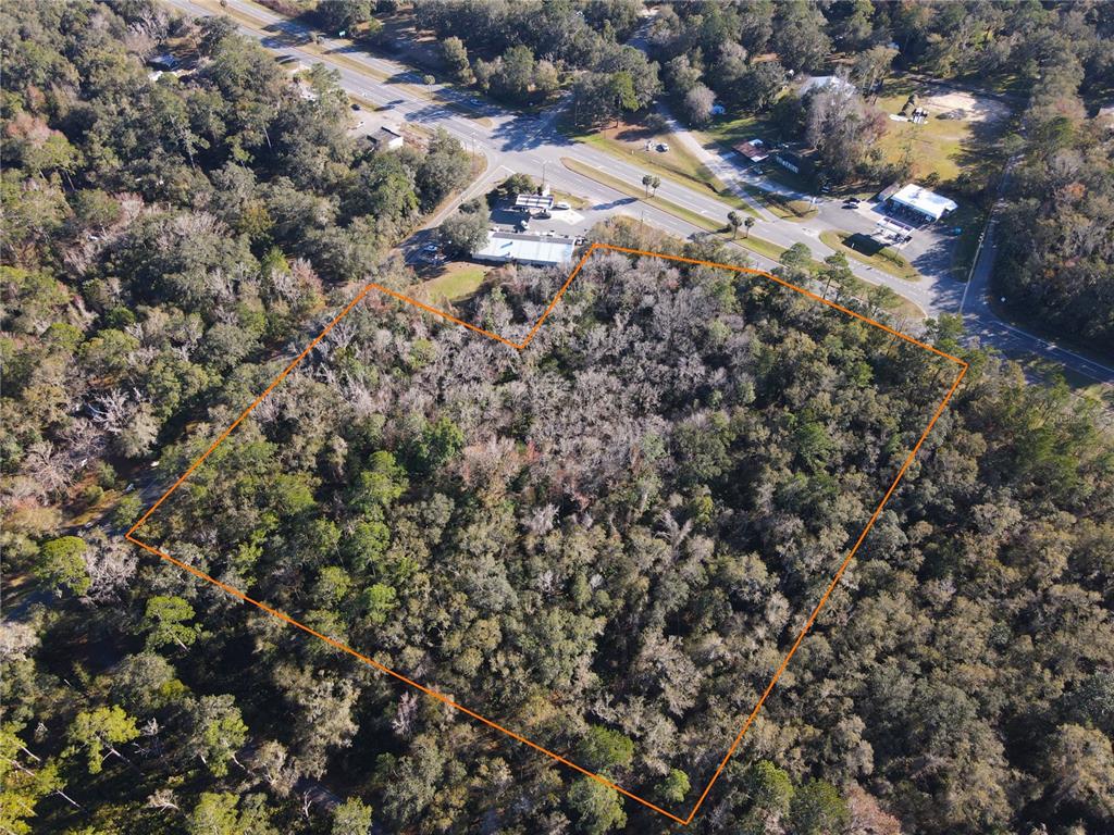 An aerial view shows a wooded, irregularly shaped plot of land outlined in orange — 102 NE HIGHWAY 441, MICANOPY, FL
