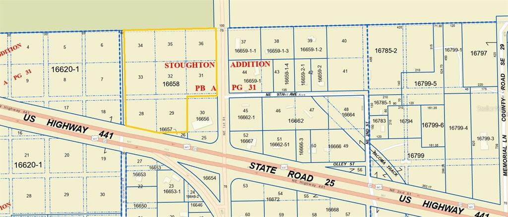 This is a land parcel map showing property boundaries, lot numbers, and surrounding roads — 102 NE HIGHWAY 441, MICANOPY, FL