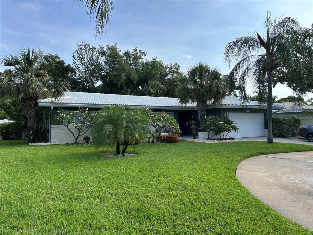 A single-story house with a white roof, green siding, and palm trees in the yard — 2058 NURSERY ROAD, CLEARWATER, FL