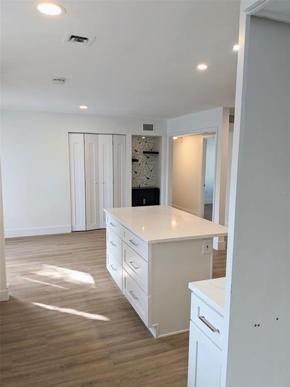 A kitchen island with white cabinets and a quartz countertop sits on light wood flooring — 3006 E ANDERSON STREET, ORLANDO, FL