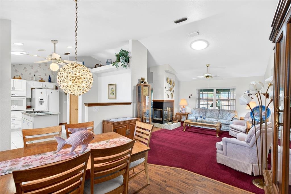 An open-concept living and dining area features a red carpet, fireplace, and wood flooring — 64 BAHIA TRACE CIRCLE, OCALA, FL