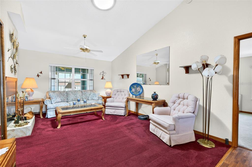 A living room features red carpeting, floral furniture, a large mirror, and a vaulted ceiling — 64 BAHIA TRACE CIRCLE, OCALA, FL