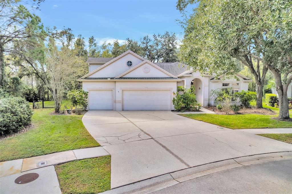 A single-story house with a three-car garage and a concrete driveway sits on a lawn — 10218 SHADOW BRANCH DRIVE, TAMPA, FL