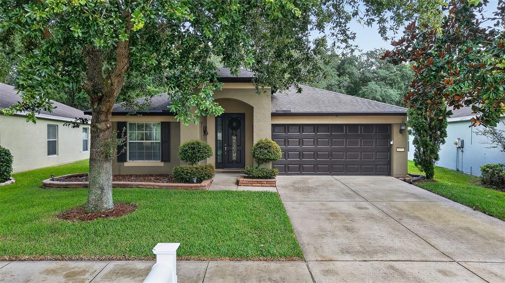A single-story house with a brown garage door, tan stucco exterior, and a front lawn — 1234 HILL FLOWER DRIVE, BROOKSVILLE, FL