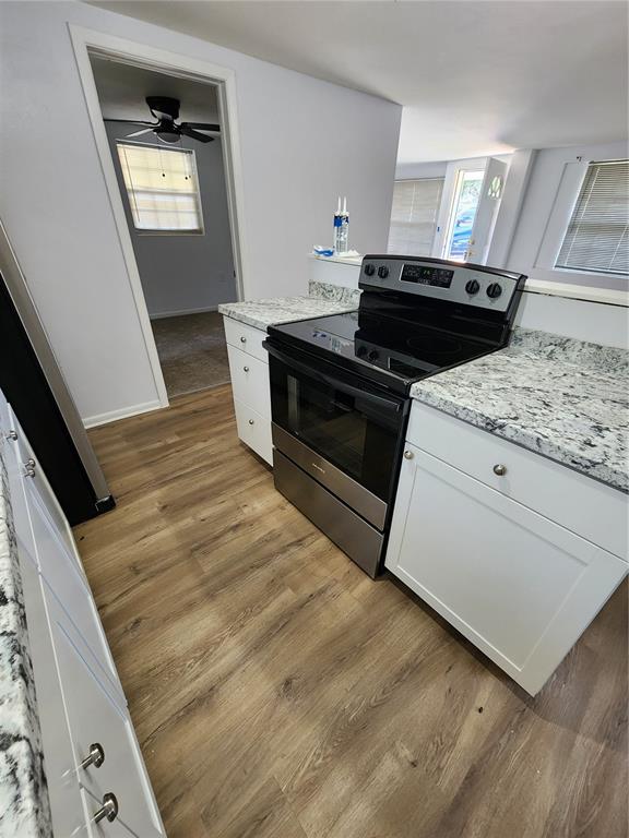 A kitchen features white cabinets, granite countertops, stainless steel appliances, and wood-look flooring — 3 E LEMON STREET, BEVERLY HILLS, FL
