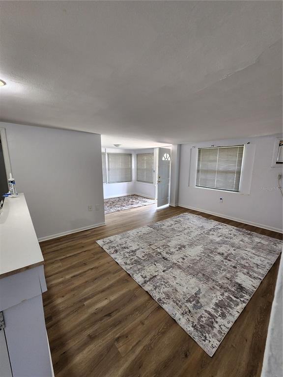 A living room with wood-look flooring, a large area rug, and an adjacent entryway — 3 E LEMON STREET, BEVERLY HILLS, FL